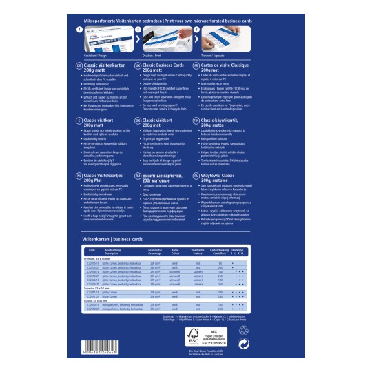 Imaginea conține informații despre cărți de vizită microperforate, inclusiv opțiuni de imprimare, specificații în mai multe limbi și descrieri ale tipurilor și caracteristicilor cărților.