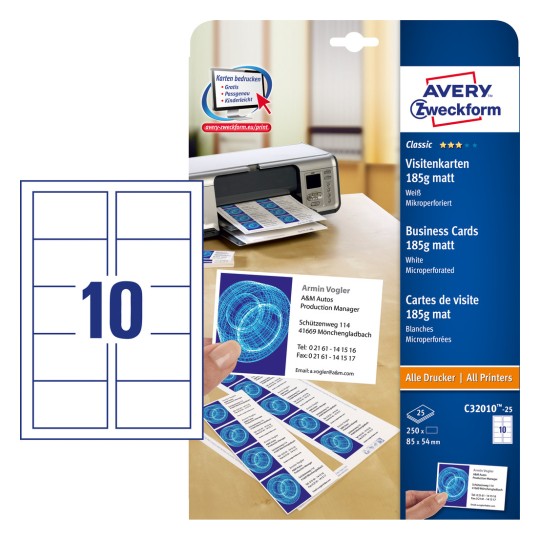 Imagine pachet cu coală de cărți: Avery Zweckform Classic Cărți de vizită, Articol: C32010-25, Format: 85 x 54 mm, Potrivit pentru imprimare: Inkjet, Laser color, Laser alb-negru, Fotocopiatoare, Conținut: 250 de cărți / 25 de foi, 10 cărți/foaie.
