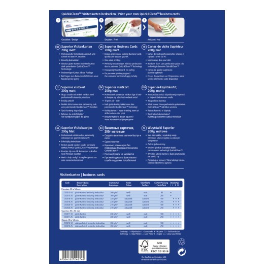 Imaginea conține informații despre cardurile de vizită Quick&Clean, inclusiv specificații, detalii de imprimare și diverse descrieri în diferite limbi referitoare la caracteristicile și beneficiile produsului.