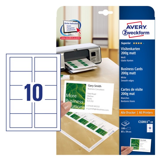 Imagine pachet cu foaie de carduri: Avery Zweckform Superior Cărți de vizită, Articol: C32011-10, Format: 85 x 54 mm, Potrivit pentru tipărire: Inkjet, Laser color, Laser alb-negru, Copiator, Conținut: 100 carduri / 10 foi, 10 carduri/foaie?