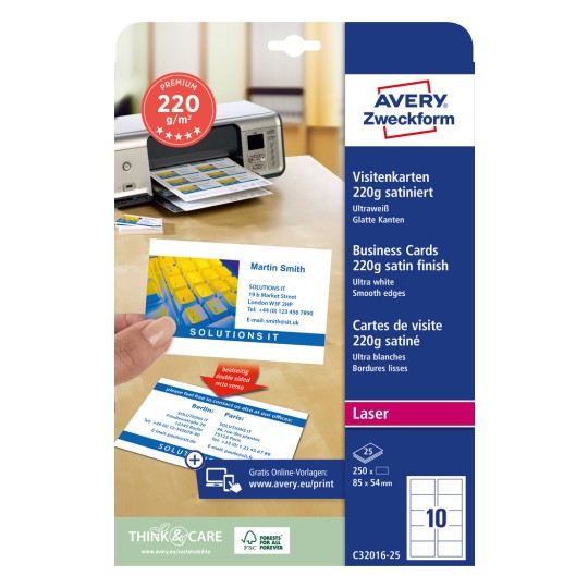 Imaginea ambalajului: Avery Zweckform Laser, Articol: C32016-25, Format: 85 x 54 mm, Compatibil cu: imprimante laser color, imprimante laser alb-negru, copiatoare, Conținut: 250 de carduri / 25 de coli, 10 carduri/colă.