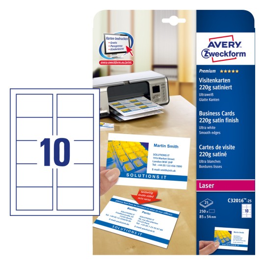 Imaginea ambalajului cu planșă de carduri: Avery Zweckform Cartonașe de vizită Premium, Articol: C32016-25, Format: 85 x 54 mm, Potrivit pentru imprimare: Laser color, Laser alb-negru, Fotocopiator, Conținut: 250 de carduri / 25 de planșe, 10 carduri/planșă.