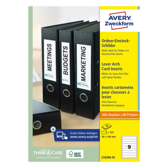 Imagine ambalaj: Etichete de indexare Avery Zweckform, Articol: C32266-25, Format: 30 x 190 mm, Compatibilitate imprimantă: Inkjet, Laser alb-negru, Laser color, Conținut: 225 bucăți / 25 coli, 9 bucăți/coală.