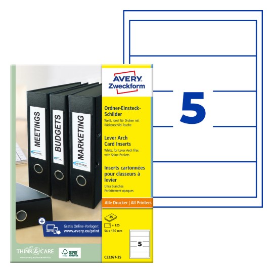 Imagine de pe ambalaj cu foaie de etichete: Etichete pentru ordine Avery Zweckform, Articol: C32266-25, Format: 30 x 190 mm, Compatibilitate tipărire: Inkjet, Laser alb-negru, Laser color, Conținut: 225 bucăți / 25 foi, 9 bucăți/foaie.