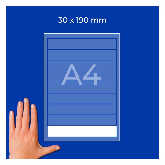 Mână lângă o diagramă pe o coală A4 albastră cu linii orizontale și textul „30 x 190 mm”?