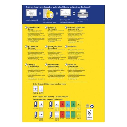 Această imagine prezintă un flyer sau o broșură multilingvă pentru produsele Avery, concentrându-se în special pe inserțiile de carduri pentru bibliorafturi și instrumente organizatorice asociate pentru documente. Include instrucțiuni, sfaturi pentru o imprimare optimă și diverse ilustrații ale produselor.