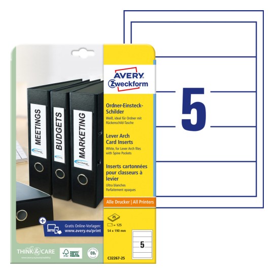 Ilustrație de ambalaj cu coală de etichete: Avery Zweckform etichete pentru dosare, articol: C32267-25, format: 54 x 190 mm, compatibilitate imprimare: Inkjet, Laser alb-negru, Laser color, conținut: 125 bucăți / 25 coli, 5 bucăți/coală.