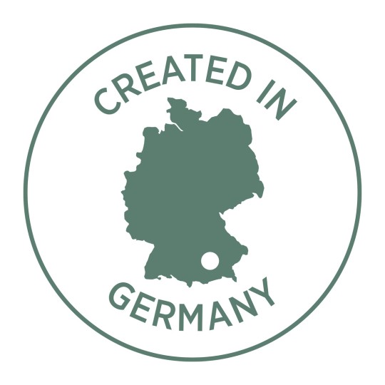 Imaginea prezintă un logo circular cu o siluetă a Germaniei și textul 'CREATED IN GERMANY' în jurul acestuia, indicând originea sau fabricația.