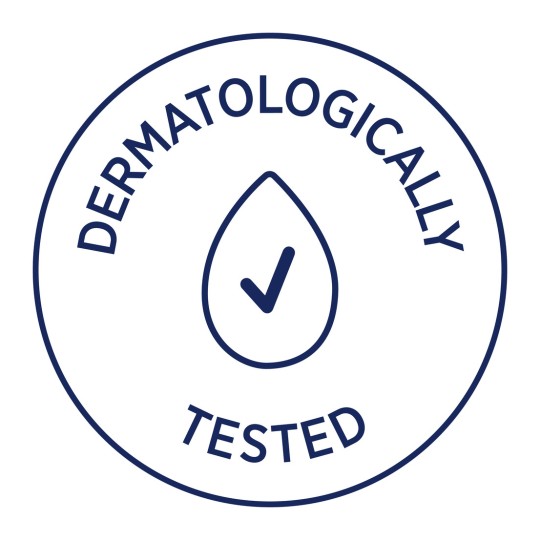 Imaginea prezintă un logo circular cu inscripția 'TESTAT DERMATOLOGIC', având un design cu o picătură și o bifă în centru, indicând că un produs este potrivit pentru utilizare pe piele.