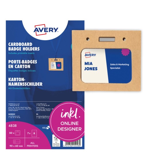 Ambalaj pentru suporturi de ecusoane din carton Avery, cu ecuson de mostră și numărul mare 8?