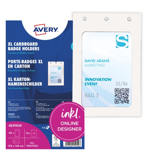 Ambalaj pentru suporturi de ecusoane din carton Avery XL, cu ecuson de mostră și numărul mare 4?