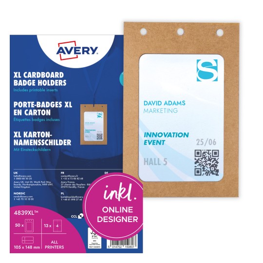Imagine pachet cu tablou de carduri: Avery Zweckform etichete pentru nume mari, Articol: 4839XL, Format: 105 x 148 mm, Aprobat pentru imprimare: Laser alb-negru, laser color, inkjet, laser, Conținut: 50 de etichete pentru nume / 52 etichete inserabile / 13 coli, /col?