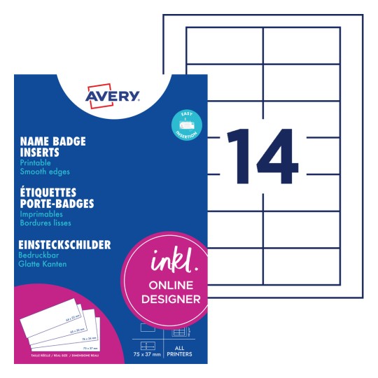Pachet de inserții pentru ecusoane Avery, cu foaie de etichete și număr mare 14?