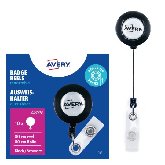 Rolă retractabilă pentru ecuson Avery neagră, cu curea din vinil transparent și siglă?