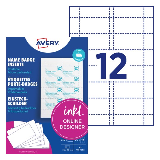 Ambalaj pentru inserții de ecusoane Avery, indicând 12 etichete pentru ecusoane microperforate?
