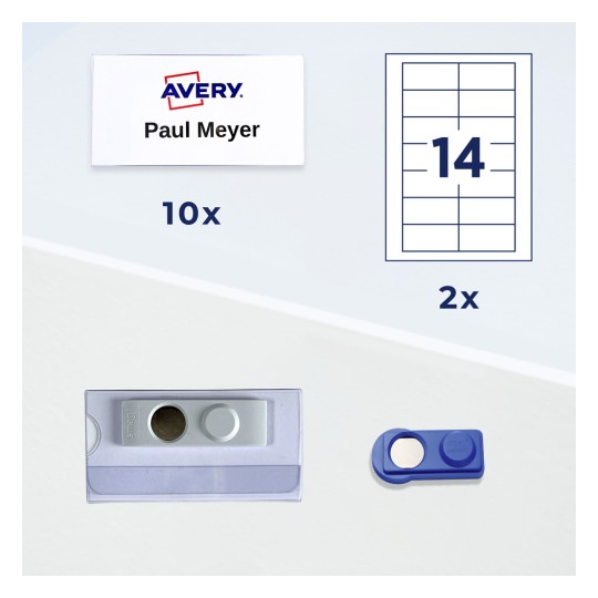 Un ecuson Avery cu „Paul Meyer”, diagramă a foii de etichete, suport de ecuson din plastic și element de prindere magnetic?