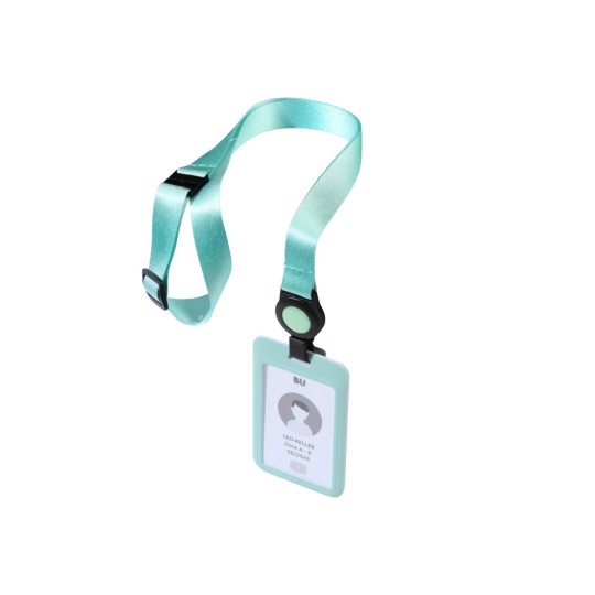 Imaginea arată un suport de ecuson verde-mentă cu un port-card de identificare atașat. Suportul prezintă o siluetă și un spațiu gol pentru un nume.