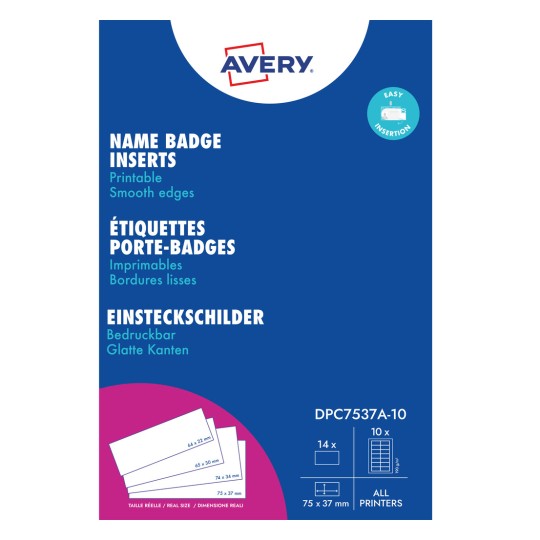 Ambalaj pentru inserții de ecusoane cu nume Avery, cu fundal albastru și detalii despre produs?