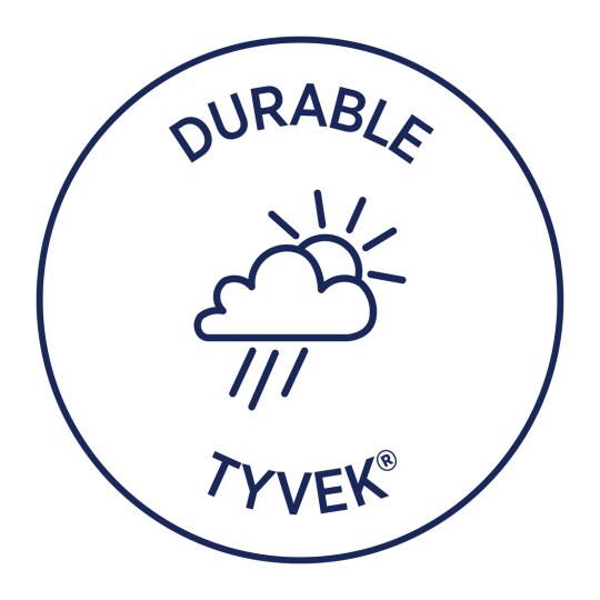 Imaginea prezintă un logo care include cuvântul 'DURABLE' în partea de sus, o ilustrație a unui nor cu raze de soare și ploaie dedesubt, și cuvântul 'TYVEK®' în partea de jos. Designul sugerează rezistență la intemperii și durabilitate.