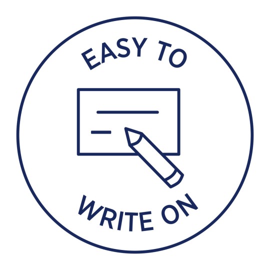 Imaginea prezintă un design grafic cu expresia 'UȘOR DE SCRIS PE' înconjurând o ilustrație a unei foi simple de hârtie și a unui creion. Tema generală sugerează utilizabilitate pentru scris.