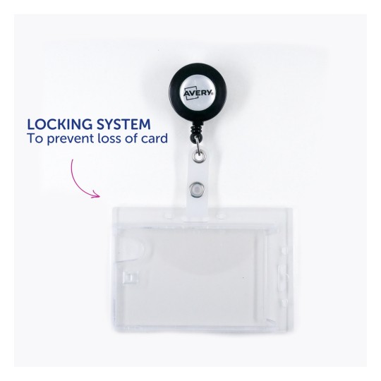 Imaginea arată un suport retractabil pentru ecuson cu un sistem de blocare proiectat pentru a preveni pierderea unui card.