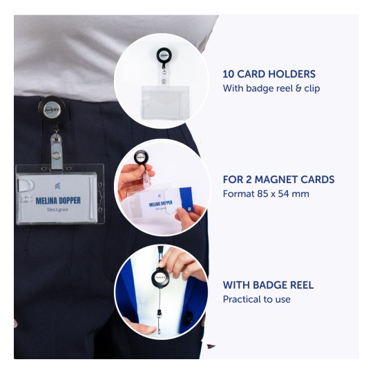 Imaginea prezintă un suport de badge cu rolă și clips, care include 10 suporturi de carduri proiectate pentru 2 carduri magnetice în format de 85 x 54 mm. Textul evidențiază practicitatea utilizării, în special pentru un designer pe nume Melina Doppler.