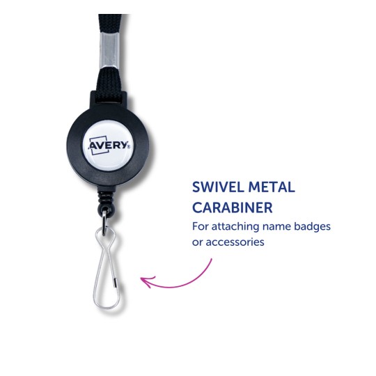 Imaginea prezintă un carabinier metalic rotativ conceput pentru atașarea ecusoanelor sau accesoriilor. Include sigla Avery și evidențiază funcționalitatea sa.