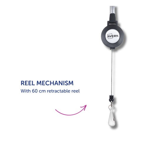 Imaginea arată un mecanism de tambur retractabil cu o lungime de 60 cm și un atașament pentru breloc. Acesta are o carcasă neagră cu logo-ul Avery.