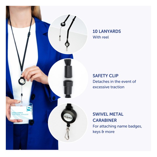 Imaginea prezintă un set de șnururi, o clemă de siguranță și o carabină metalică pivotantă pentru atașarea ecusoanelor și cheilor, afișate alături de o persoană care ține un ecuson.