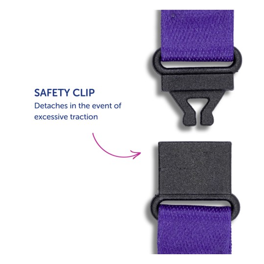 Imaginea arată un dispozitiv de siguranță proiectat să se detașeze atunci când există o tracțiune excesivă. Include o curea mov și un mecanism de clemă negru, cu o descriere care indică caracteristica sa de siguranță.