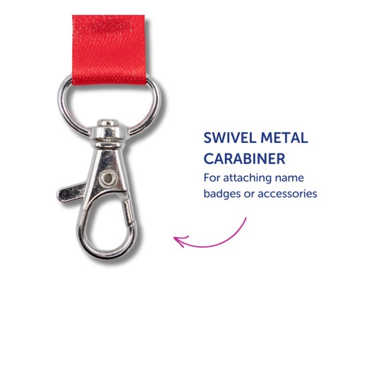 Imaginea prezintă un carabinier metalic rotativ atașat unei panglici roșii, etichetată pentru a fixa ecusoane de nume sau accesorii.