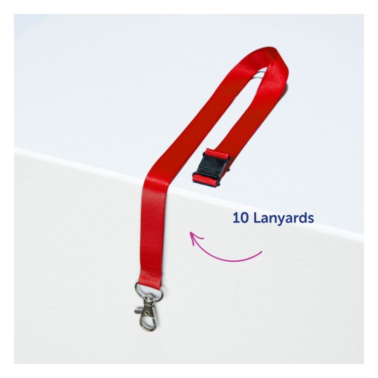Imaginea arată un șnur roșu cu un clips și o cataramă de plastic, așezat pe o suprafață albă. Există o etichetă pe care scrie '10 Lanyarduri'.
