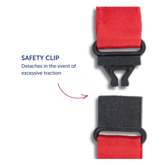 Această imagine afișează o clemă de siguranță utilizată într-un sistem de ham sau curea. Are o curea roșie și un mecanism de clemă negru, cu textul însoțitor care explică faptul că se detașează în cazul unei tracțiuni excesive.