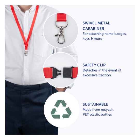 Imaginea prezintă un șnur roșu cu un carabinier metalic pivotant pentru atașarea unor obiecte precum ecusoane de nume și chei. De asemenea, include un clips de siguranță care se desprinde sub tensiune excesivă și evidențiază că este fabricat din sticle de plastic PET reciclate, promovând sustenabilitatea.