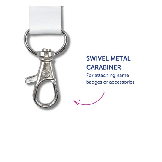 Imaginea prezintă un carabinier metalic rotativ atașat de o curea albă, cu text care descrie utilizarea sa pentru prinderea ecusoanelor sau accesoriilor.