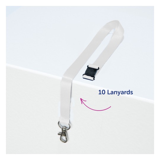 Imaginea arată un lanyard alb cu un clip și o cataramă de plastic neagră pe o suprafață albă. Textul indică '10 Lanyarduri.'