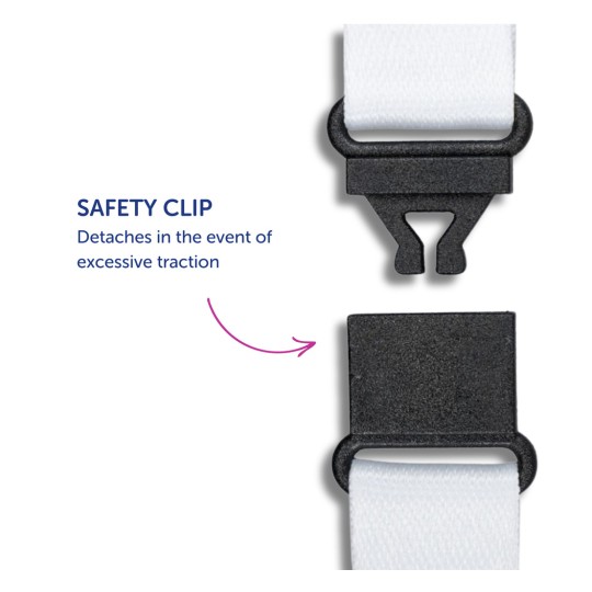 Imaginea arată o clemă de siguranță proiectată să se detașeze în cazul unei tracțiuni excesive, având o curea albă și un mecanism de clemă negru.