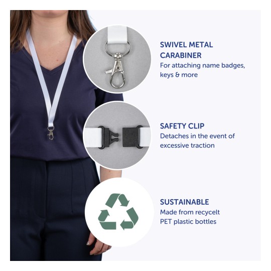 Imaginea prezintă un șnur cu o carabină metalică rotativă și o clemă de siguranță, conceput pentru a atașa ecusoane de nume și chei. Este de asemenea evidențiat ca fiind sustenabil, fiind fabricat din sticle PET reciclate.