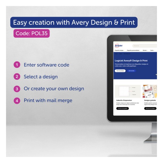 Imaginea prezintă un ecran de calculator care afișează instrucțiuni pentru utilizarea Avery Design & Print. Pașii includ introducerea unui cod de software, selectarea sau crearea unui design și imprimarea cu îmbinare de corespondență.