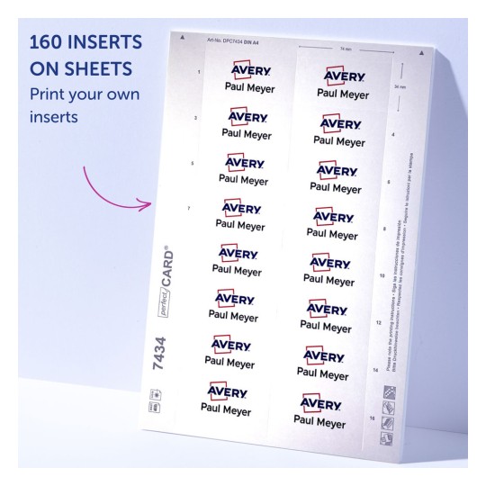 Imaginea arată o foaie de inserții de la Avery, pe care este repetat numele 'Paul Meyer' într-o dispunere tip grid. Foaia include spațiu pentru 160 de inserții și conține instrucțiuni de imprimare.