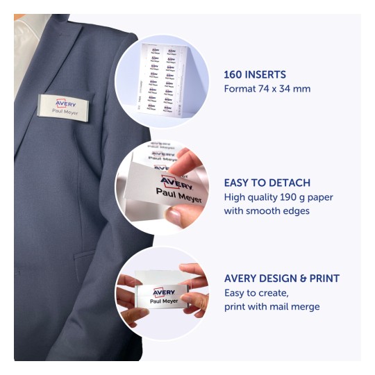 Imaginea prezintă inserții de badgeuri de la Avery, cu informații despre produsul lor, inclusiv 160 de inserții pentru suporturi de badgeuri, ușurința detașării, hârtie de înaltă calitate și capabilități de design cu fuziunea poștei.
