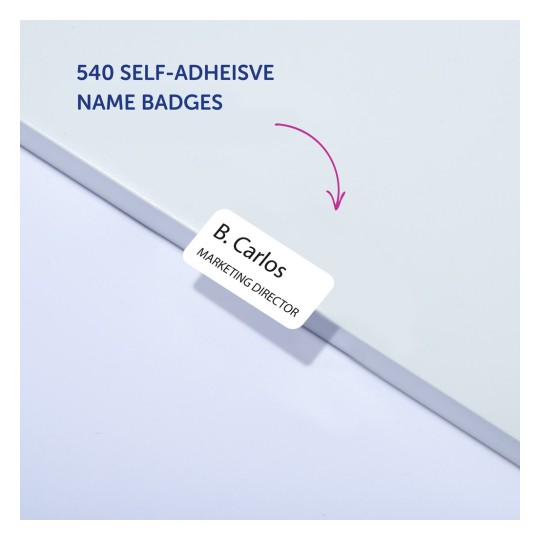 Imaginea arată un pachet de ecusoane autoadezive cu textul '540 ECUSOANE AUTOADEZIVE' și un ecuson inscripționat 'B. Carlos - DIRECTOR DE MARKETING'.