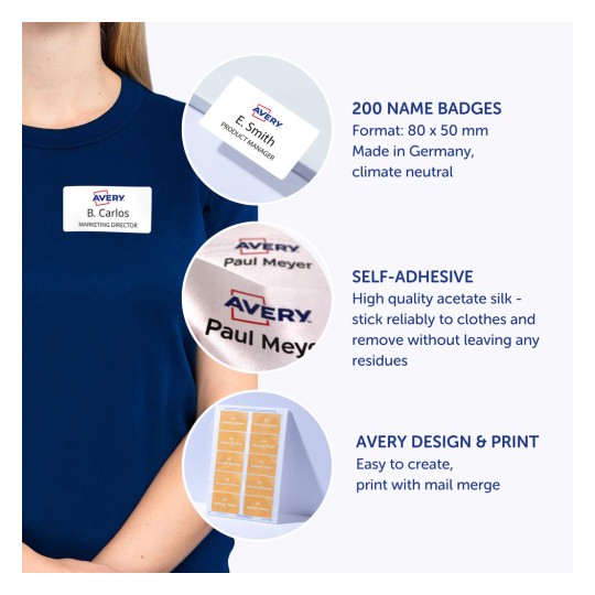 Imaginea prezintă ecusoane cu nume de la Avery, cu detalii care includ cantitatea, caracteristica autoadezivă și ușurința de proiectare și imprimare. O figură feminină poartă un ecuson cu nume, iar modele de ecusoane sunt prezentate ca exemple.