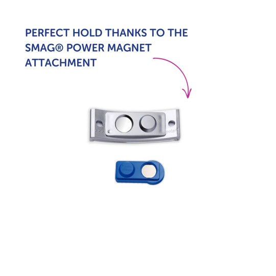 Imaginea prezintă un atașament magnetic de putere SMAG® argintiu și o piesă mai mică albastră, evidențiindu-le funcționalitatea pentru o fixare perfectă.