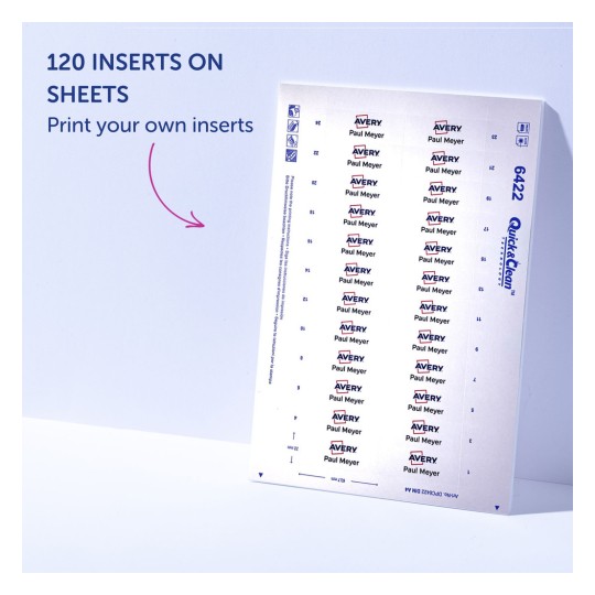 Imaginea arată o coală de etichete pentru inserții de la Avery, concepută pentru tipărirea de inserții personalizate. Specifică faptul că sunt 120 de inserții pe coală și include numele 'Paul Meyer.'