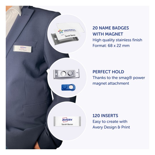 Imaginea prezintă mai multe ecusoane și accesorii de identificare. Include 20 de ecusoane cu magnet, un sistem de prindere cu magnet perfect, și 120 de inserții, toate prezentate cu un costum profesional.