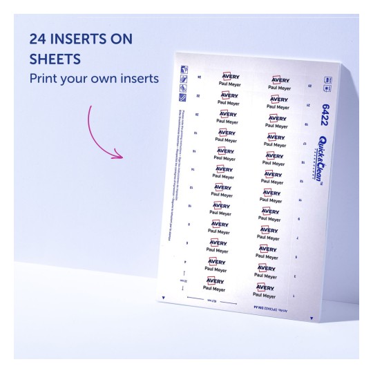 Imaginea arată o coală de inserții Avery cu textul care indică posibilitatea de a tipări propriile tale inserții. Pe foaie sunt vizibile 24 de inserții, care includ logo-ul Avery și numele 'Paul Meyer'.