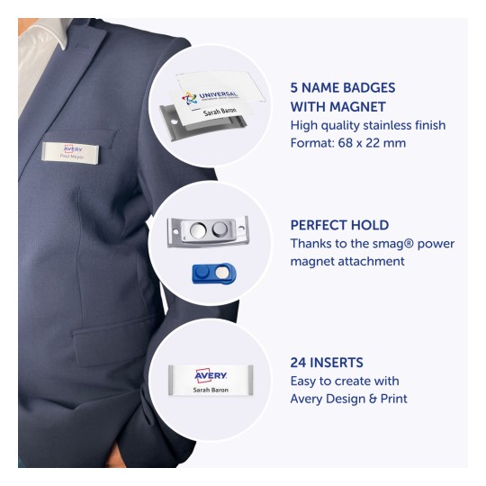 Imaginea arată o persoană purtând un sacou cu un ecuson cu nume. Aceasta include detalii despre ecusoanele cu atașament magnetic, prezentând diverse caracteristici, cum ar fi numărul de ecusoane, opțiunile de inserție și forța magnetului.