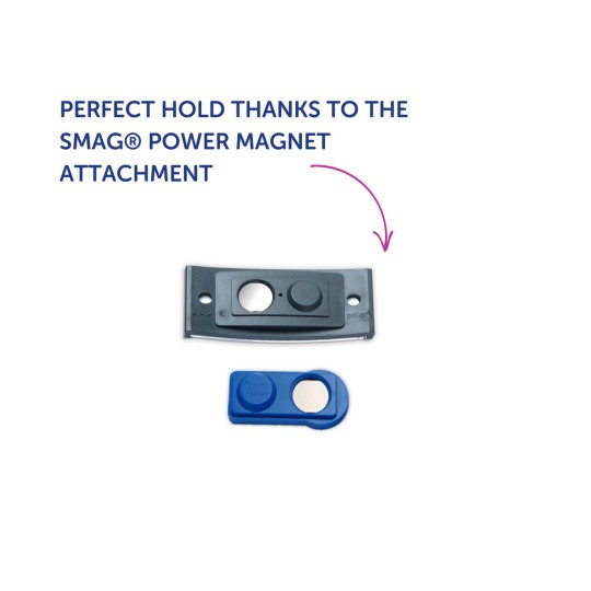 Imaginea prezintă două atașamente magnetice de putere, unul negru mai mare în partea de sus și unul albastru mai mic dedesubt, cu o legendă care evidențiază beneficiul oferit de atașamentul magnetic de putere SMAG® pentru o susținere perfectă.