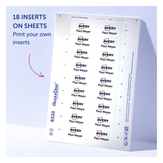 O foaie A4 care conține 18 inserții cu numele 'Paul Meyer' și cu logo-ul 'Avery'.